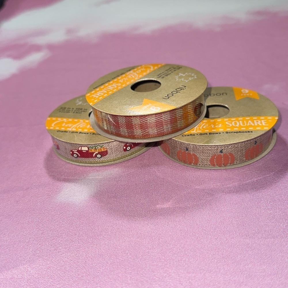 Crafters Square Ribbon Lot of 3 - 3 yards each Fall theme Pumpkin Thanksgiving